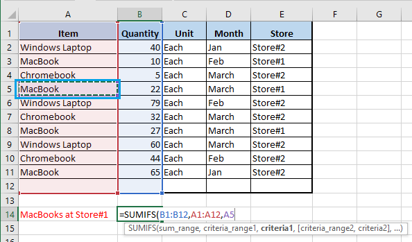Selecciona el primer criterio de la función SUMIFS de Excel