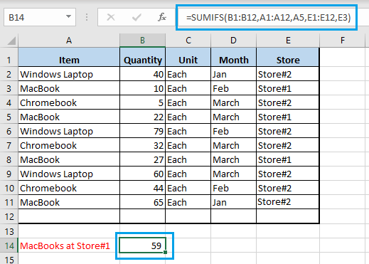 Resultado utilizando la función SUMIFS en Excel