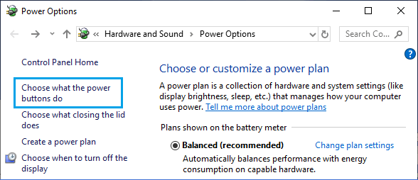 Choose What Power Buttons Do Option in Windows