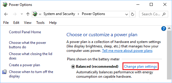Cambia la opción de configuración del plan de energía en el panel de control de Windows 10