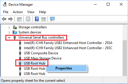 Opción de propiedades del concentrador USB en Windows 10