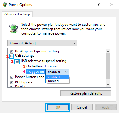 Opción de suspensión selectiva de la configuración del USB en Windows 10