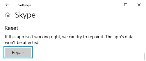 Opción de reparar Skype en Windows 10