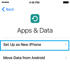 Establecer como nuevo iPhone en la opción de la pantalla Apps y Datos