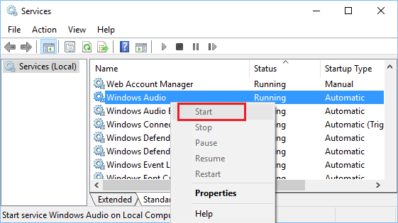 Iniciar el servicio de audio de Windows en Windows 10