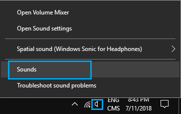 Icono de sonido en la barra de tareas y la opción Sonidos