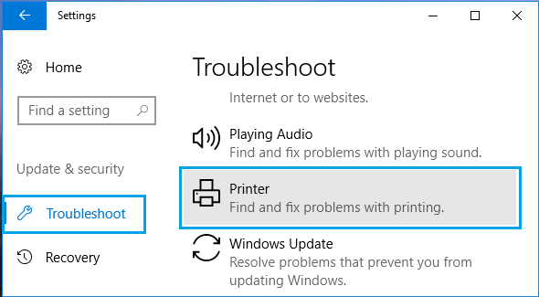 Troubleshoot Printer Option in windows 10