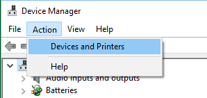 Opción de Dispositivos e Impresoras en la pantalla del Administrador de Dispositivos en Windows 10