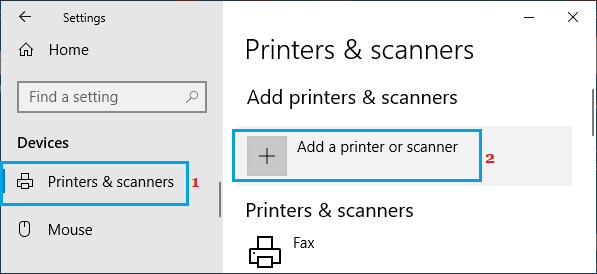 Opción de añadir impresoras y escáneres en Windows