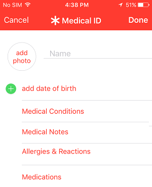 Screen to Add Medical Information on iPhone