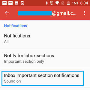 Gmail Inbox Import Section Notifications Option on Android Phone