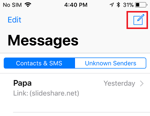 New Message icon in Messages App on iPhone