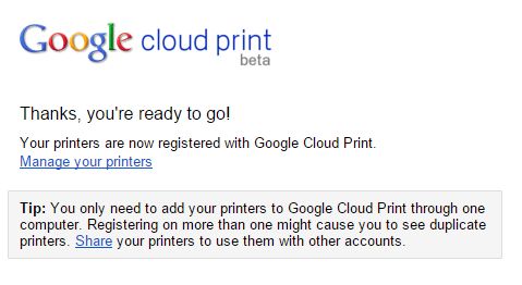 Printer Registered With Google Confirmation Message