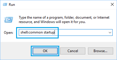 Abrir Run Shell: Ubicación de la carpeta de inicio común en Windows 10
