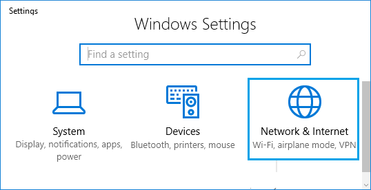 Network and Internet Option on Windows Settings Screen
