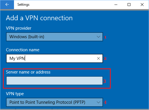 Add VPN Server Address, VPN Type and VPN Provider In Windows 10