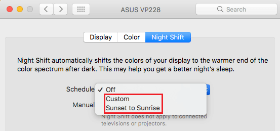 Sunset to Sunrise or Custom Option in Night Shift Mode on Mac