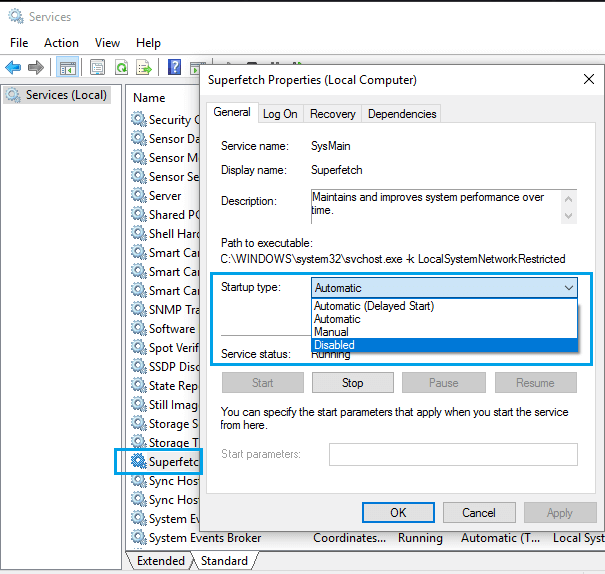 Disable Superfetch Service in Windows 10