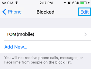 Blocked Phone Numbers Screen On iPhone