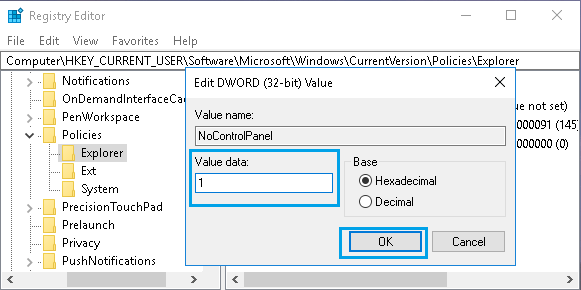 Edit Registry Value of NoControlPanel DWORD in Windows 10