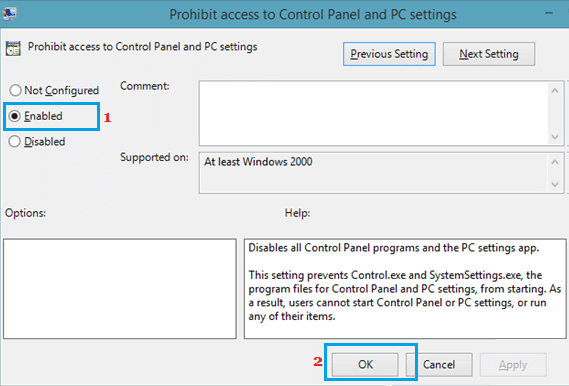 Prohibit Access to Control Panel and PC Settings in Windows 10