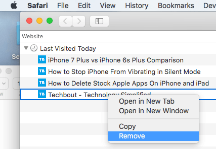 Eliminar una página web específica del historial de Safari en Mac