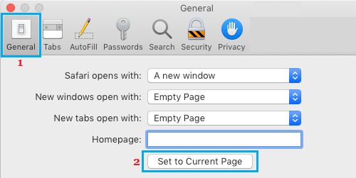 Set Homepage option in Safari Browser on Mac 