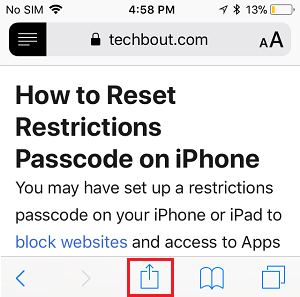 Share button in Safari Browser on iPhone