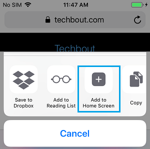 Add to Home Screen option in Safari on iPhone
