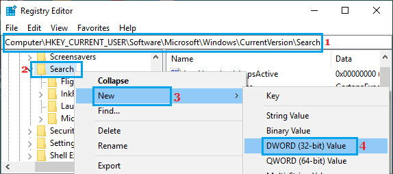 Create New DWORD in Windows Search Registry 