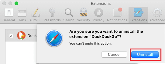 Confirmar la desinstalación de la extensión de Safari en Mac