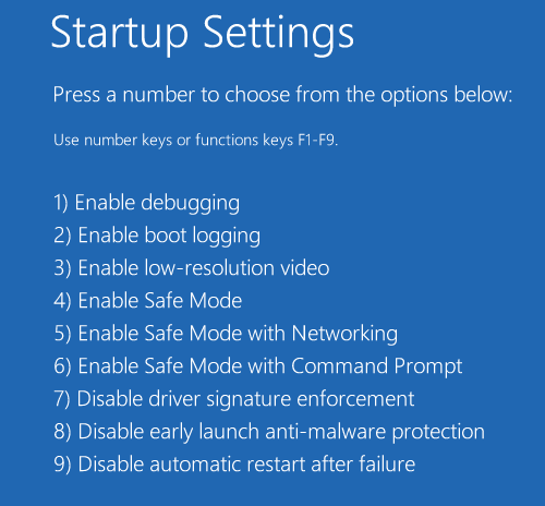 Pantalla de configuración de inicio de Windows 10 con varias opciones de inicio