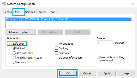 Opciones de inicio en la pantalla de configuración del sistema