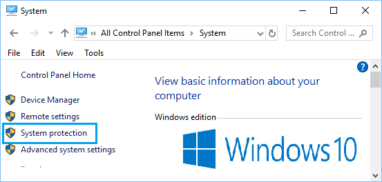 System Protection Option on Windows Control Panel