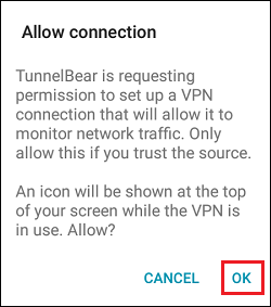 Permite que la aplicación TunnelBear cree una ventana emergente de conexión VPN
