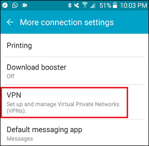 Pestaña VPN en Ajustes en un teléfono Android