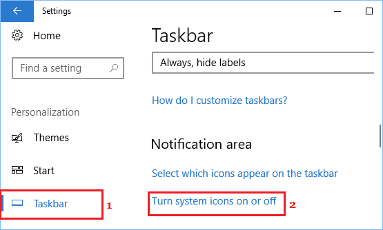 Turn system icons on or off link in Windows 10