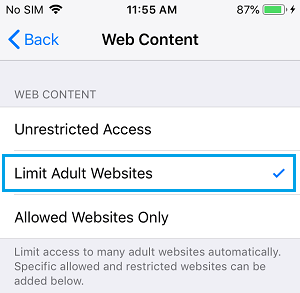 Limit Adult Websites Content Option on iPhone