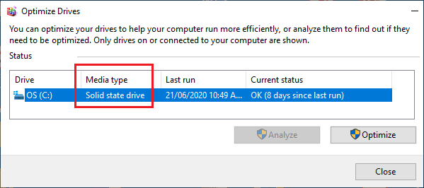 Hard Drive Type Listed on Optimize Drives Screen