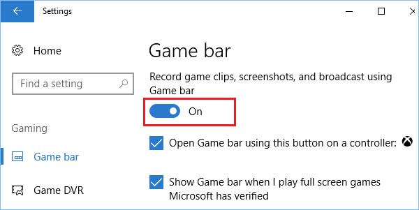 Enable Game Bar Option in Windows