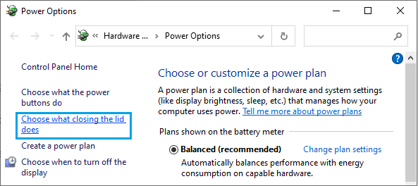 Choose What Closing the Lid Does Option in Windows