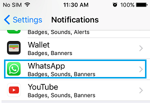 Opción para configurar las notificaciones de WhatsApp en el iPhone