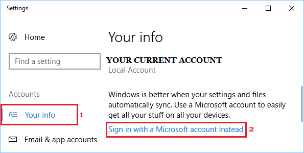 Sign in with Microsoft Account link in Windows 10