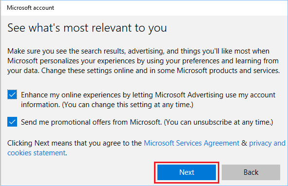 Allow Microsoft to use your Account Info