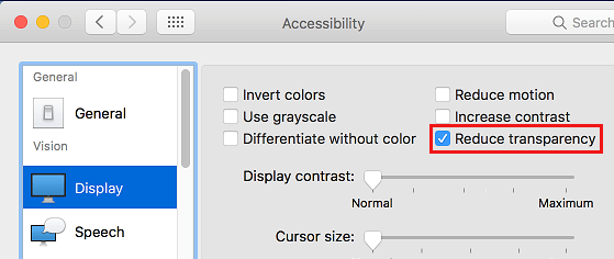 Display Tab and Reduce Transparency Option on Mac