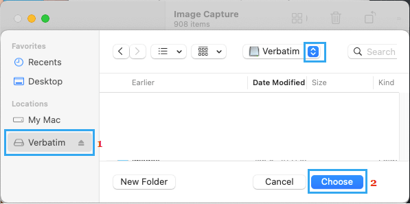 Select External Hard Drive in Image Capture Utility on Mac
