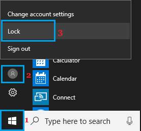 Lock Screen in Windows 10 Using Start Button