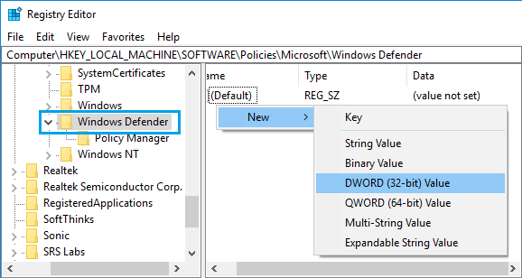 Create New Registry Key in Windows Defender Folder