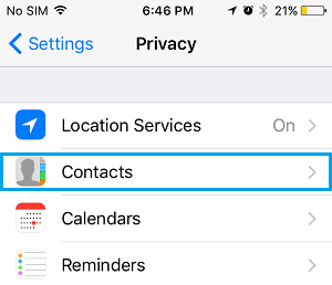 Contacts Tab On Privacy Screen on iPhone