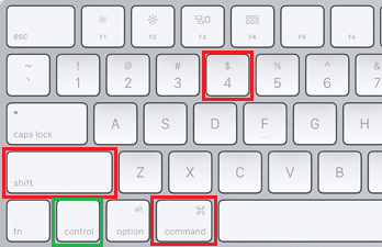 Command. Control, Shift and 4 Keys on Mac